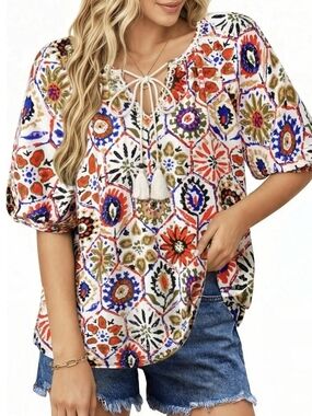 Boho Floral Tie-Neck Blouse in White Multi Size 2xl
